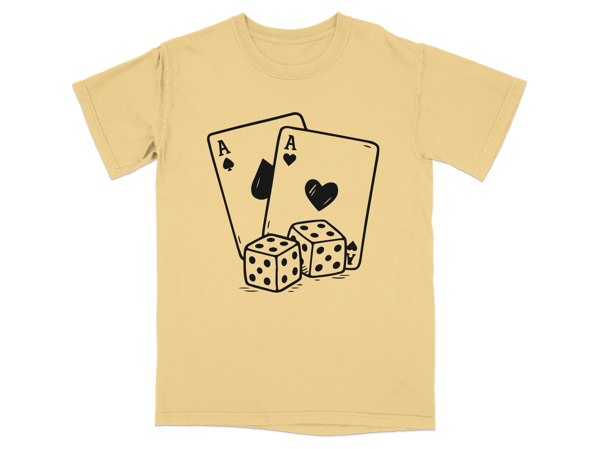 Two ace playing cards and two dice graphic on a yellow t-shirt.