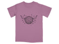 Disco ball with horns and sparkle details graphic on a mauve t-shirt.
