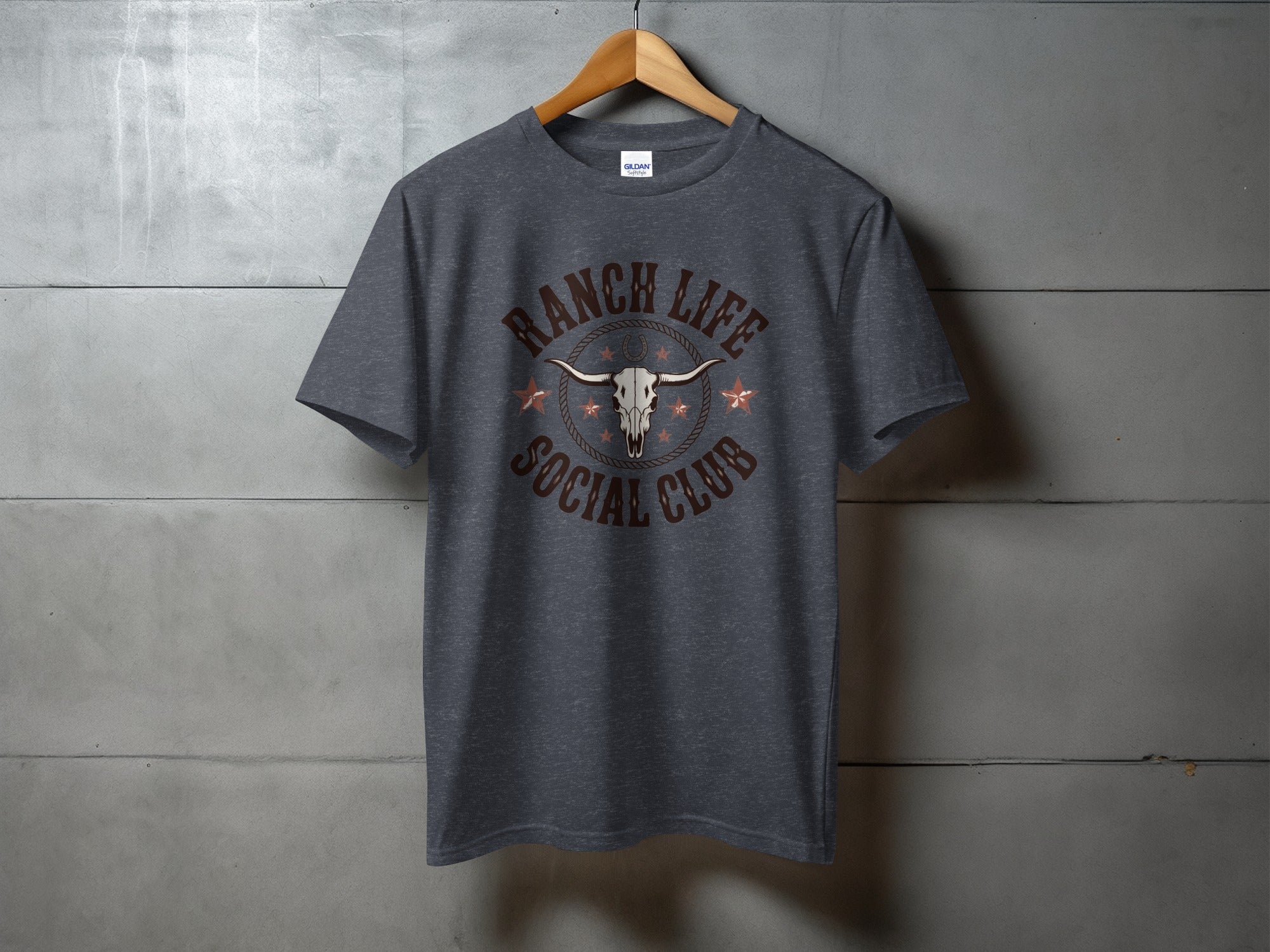 Charcoal t-shirt with "Ranch Life Social Club" and steer skull graphic.