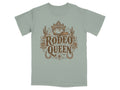Green t-shirt with "Rodeo Queen" text, cowboy hat, crown, roses, cacti, and horseshoes.