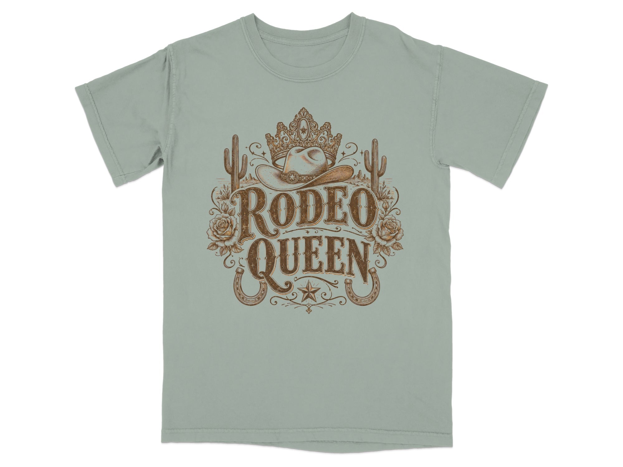 Green t-shirt with "Rodeo Queen" text, cowboy hat, crown, roses, cacti, and horseshoes.