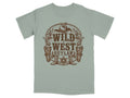 T-shirt with "Wild West Outlaw" text, cowboy hat, pistols, boots, and rope design.