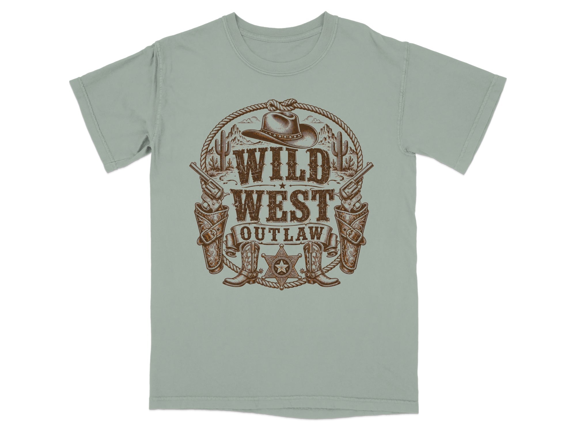 T-shirt with "Wild West Outlaw" text, cowboy hat, pistols, boots, and rope design.