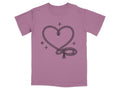 Mauve t-shirt with black rope heart graphic and star accents.
