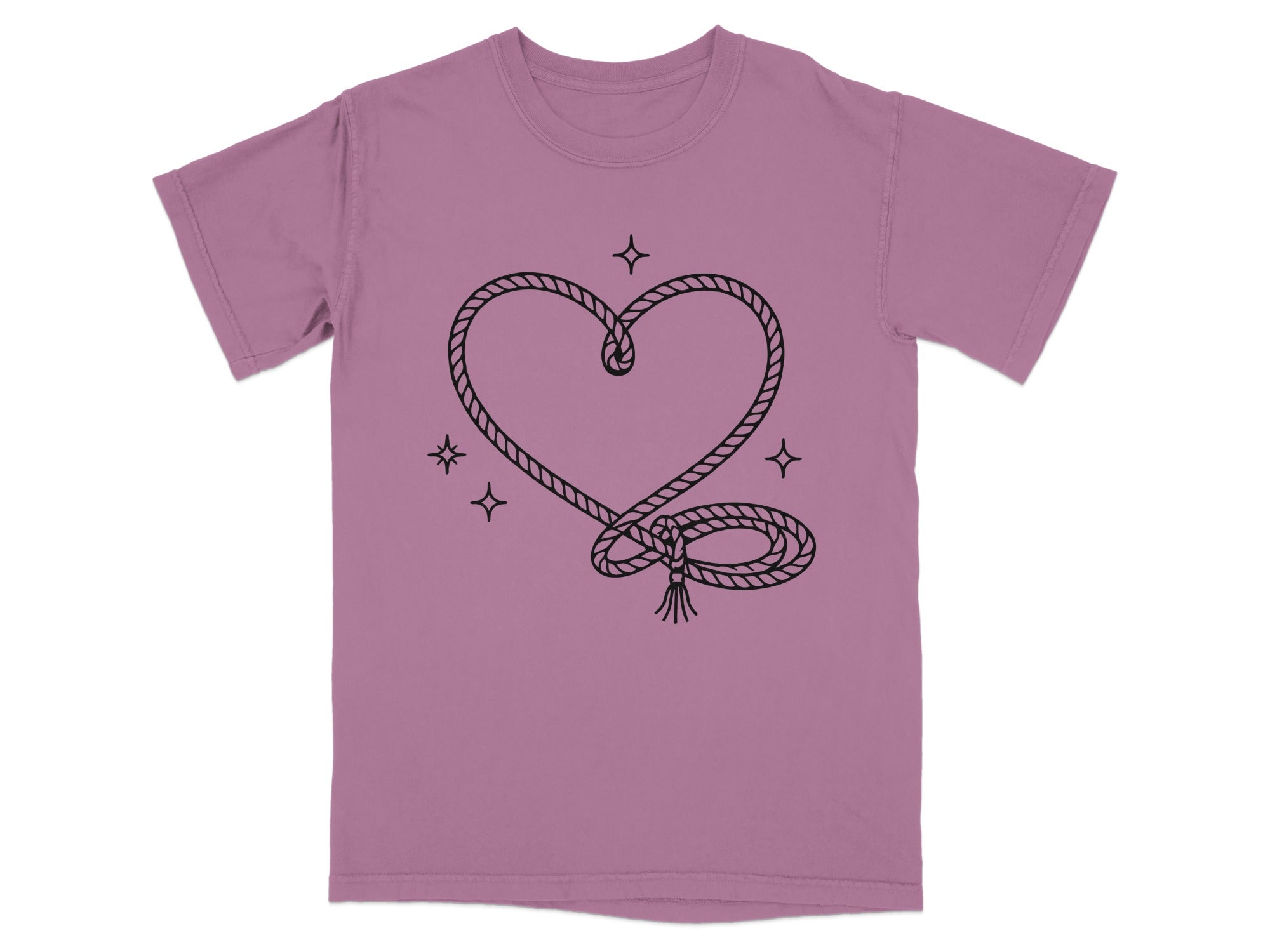 Mauve t-shirt with black rope heart graphic and star accents.