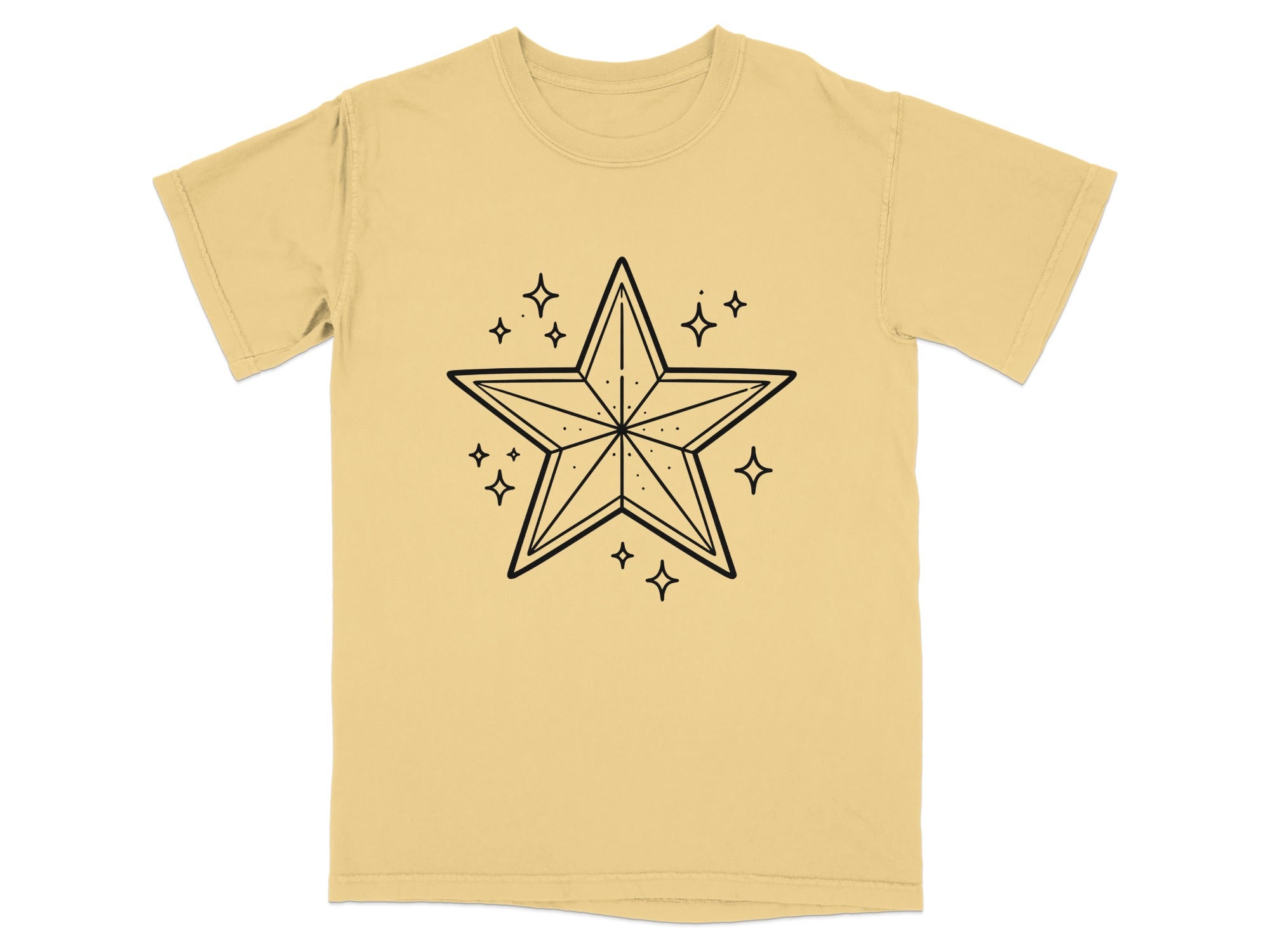 Yellow t-shirt with a black outlined star and small sparkling star shapes.