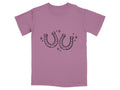Mauve t-shirt with a black outline drawing of two horseshoes and stars.