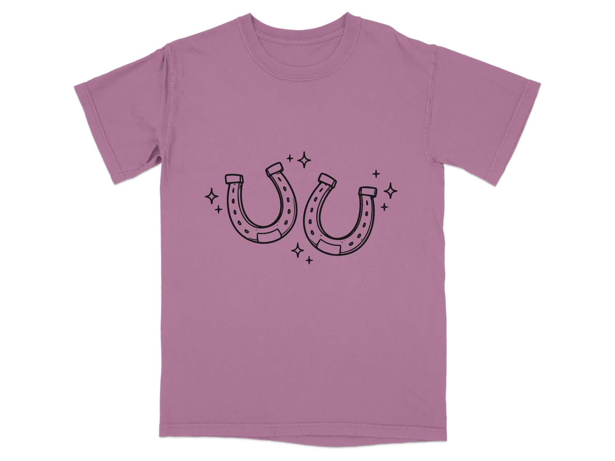 Mauve t-shirt with a black outline drawing of two horseshoes and stars.