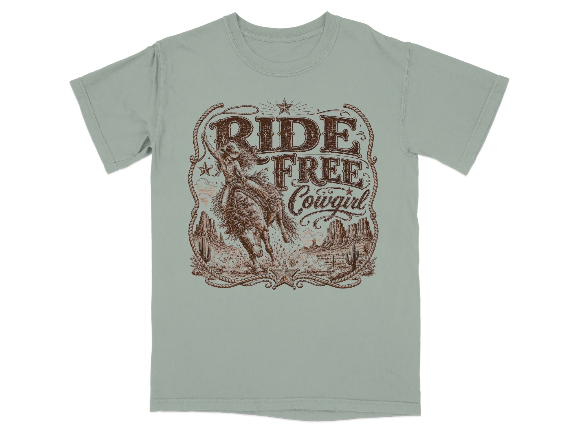 T-shirt with brown graphic of bucking bronco, cowgirl and "RIDE FREE Cowgirl" text.