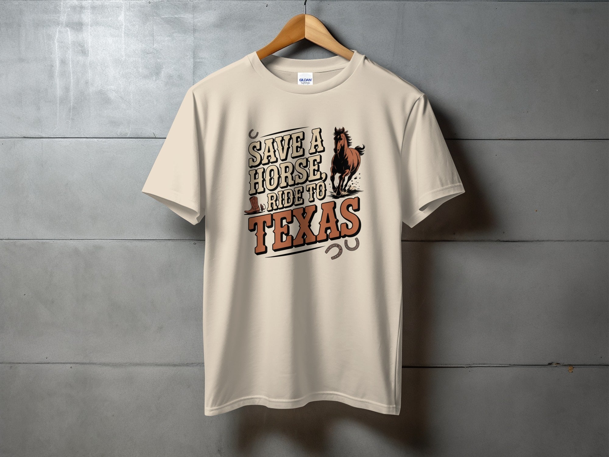 Cream t-shirt with "Save a horse ride to Texas" text and horse graphic.