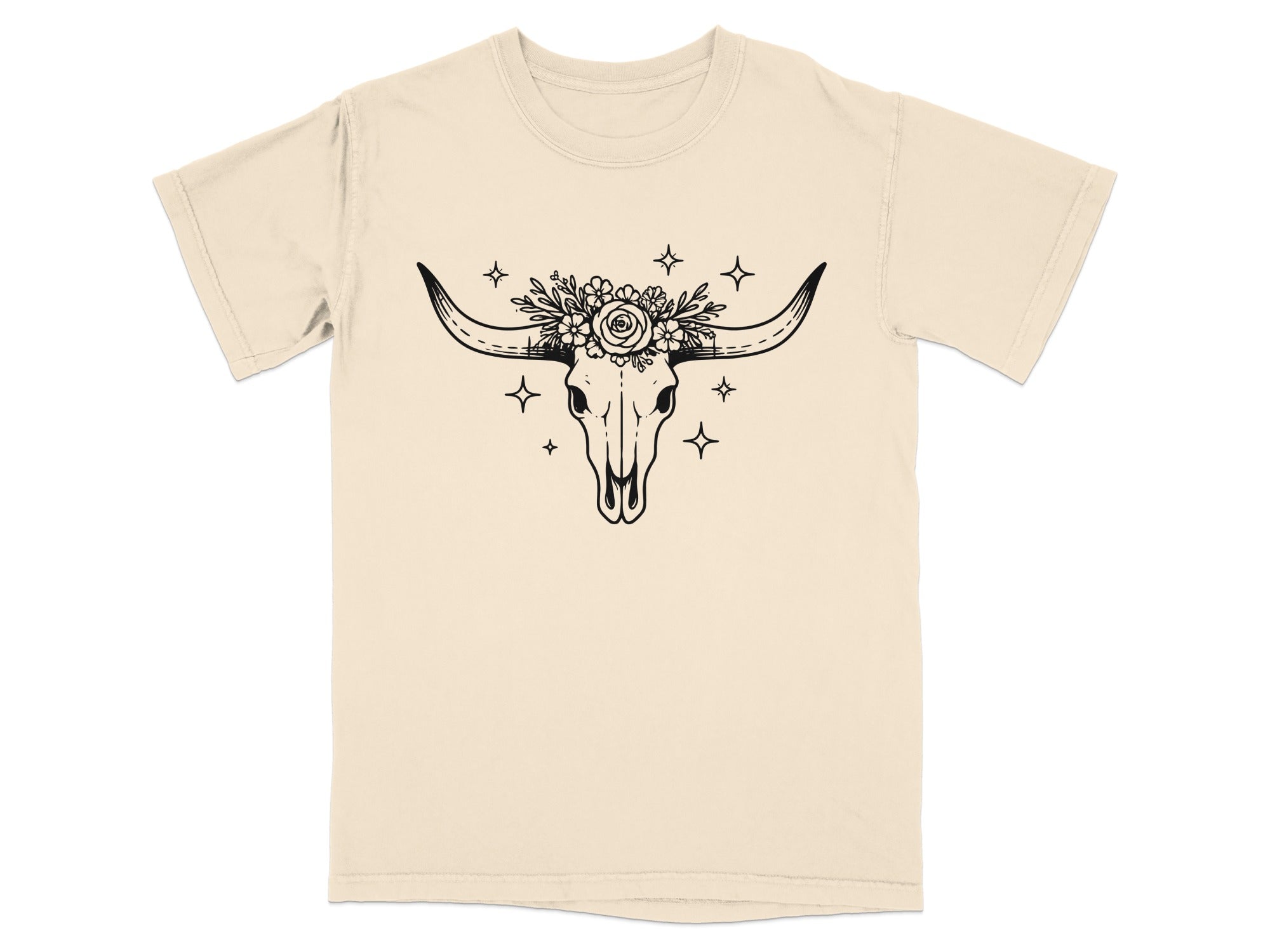 Tan t-shirt with black floral bull skull graphic and stars.
