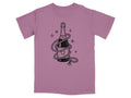 Purple t-shirt with a black line drawing of a champagne bottle wrapped in rope.
