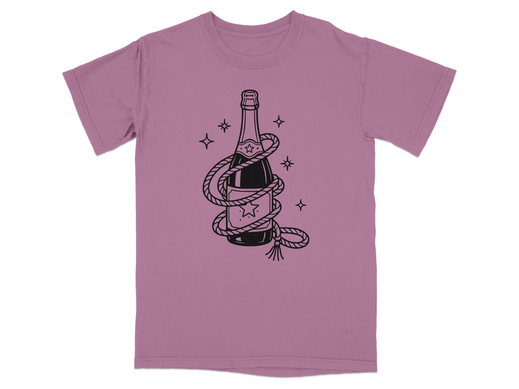 Purple t-shirt with a black line drawing of a champagne bottle wrapped in rope.