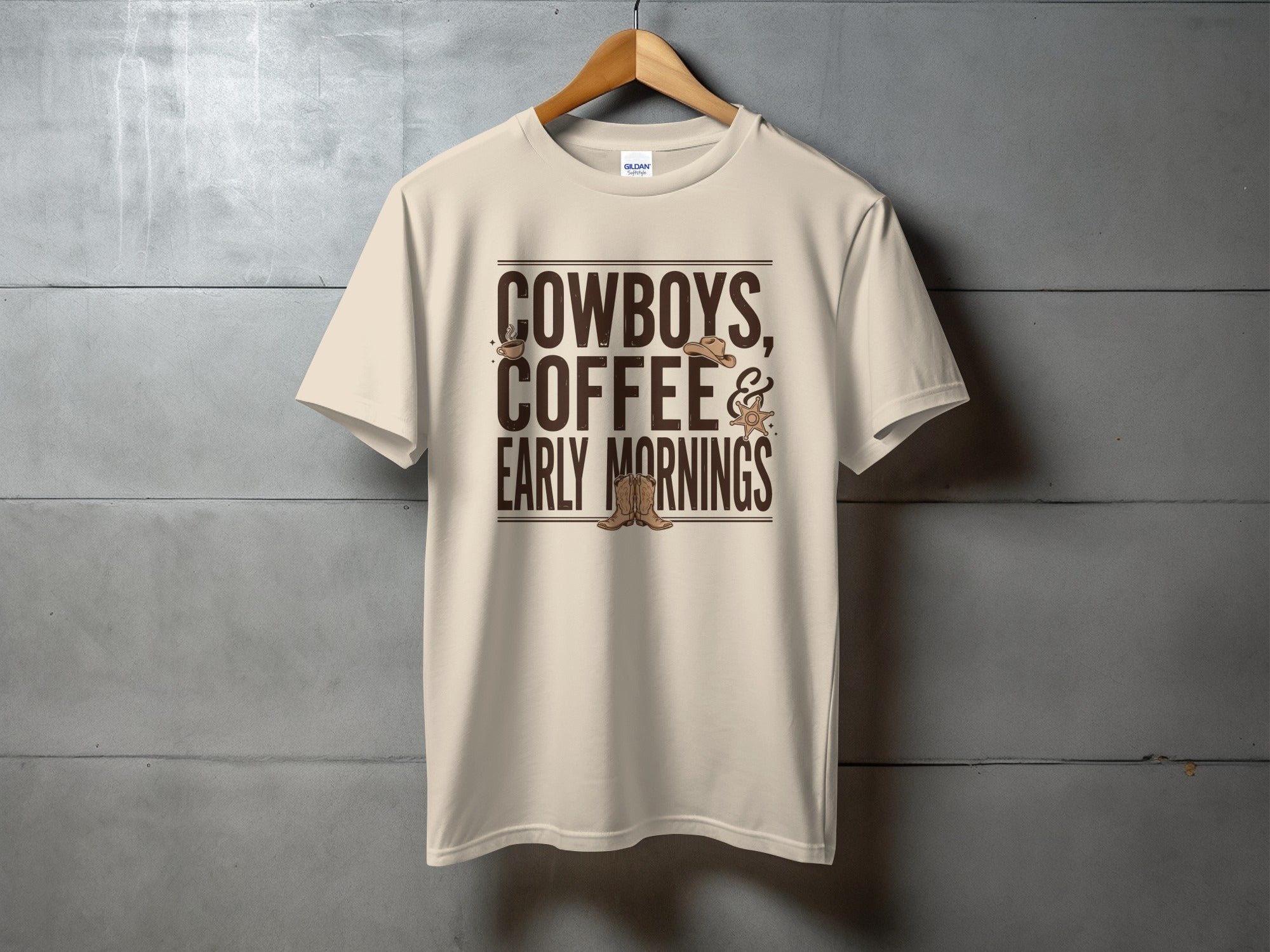 T-shirt with "Cowboys, Coffee & Early Mornings" text and cowboy boot.