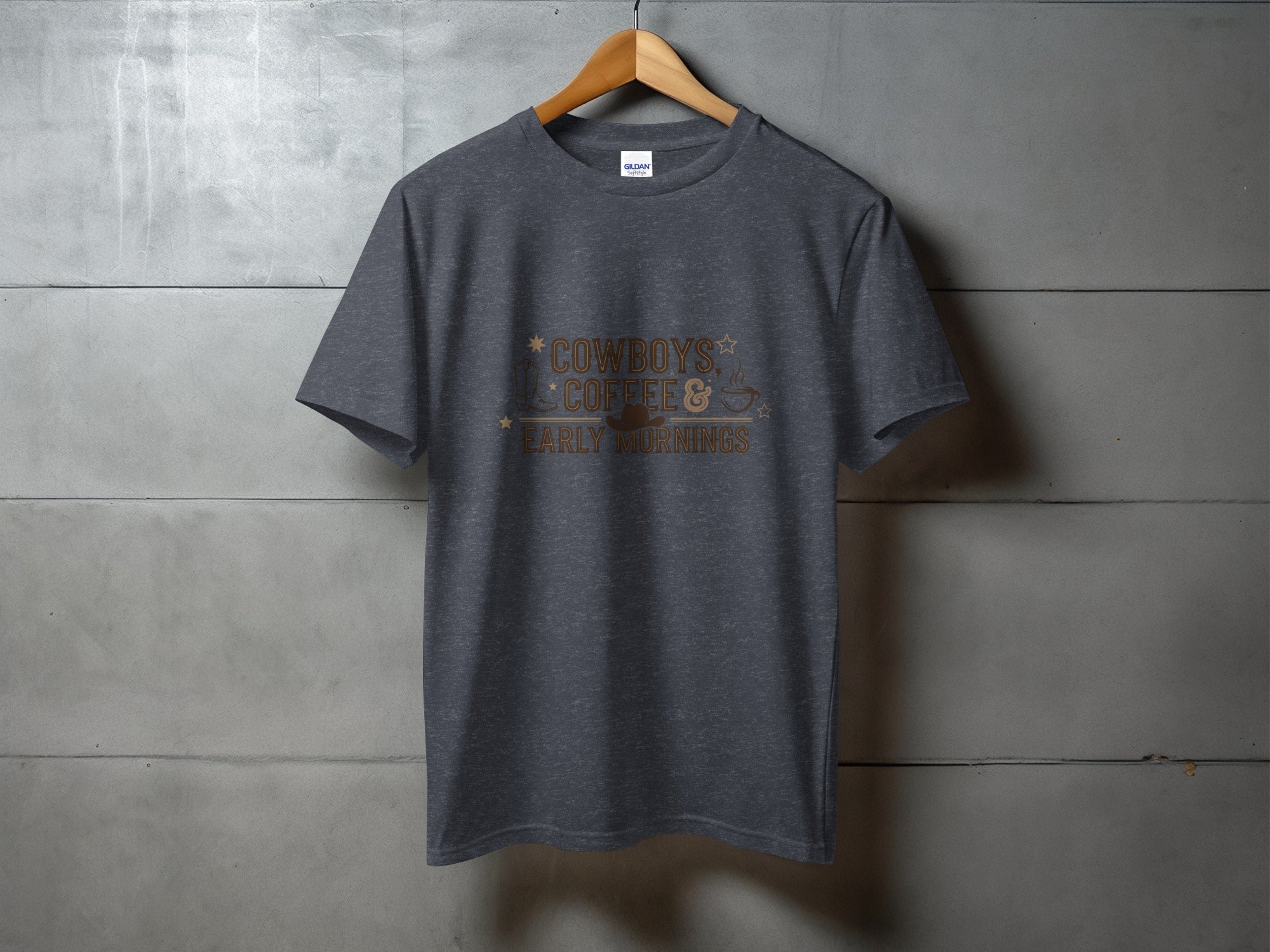 Dark grey t-shirt with "Cowboys, Coffee & Early Mornings" text.