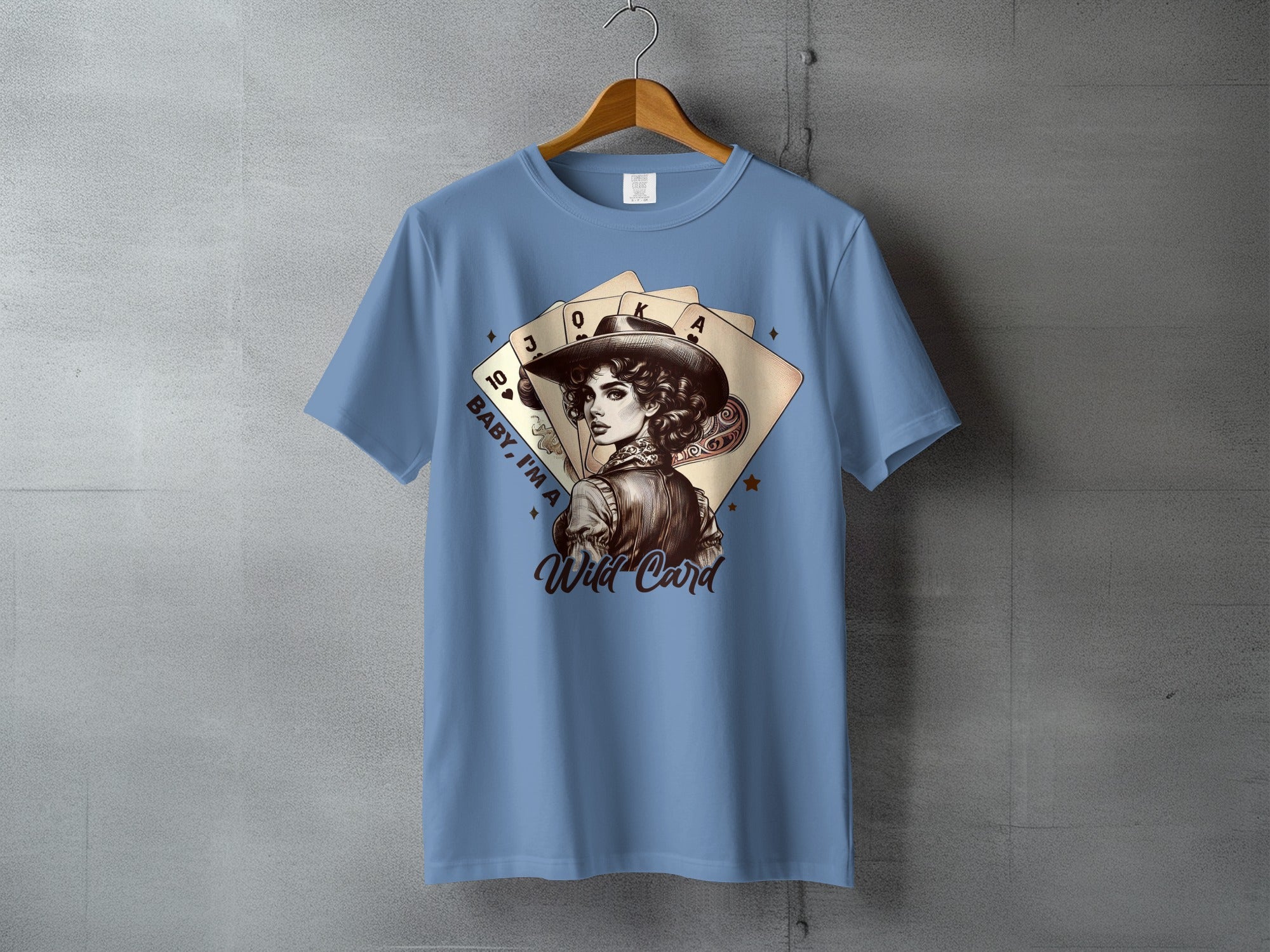 T-shirt with a playing card queen graphic and "Wild Card" text.