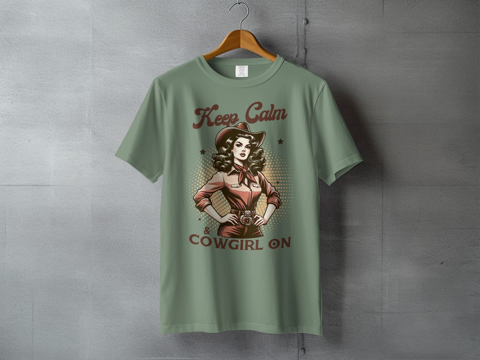 Keep Calm and Cowgirl On t-shirt with woman in cowboy hat.