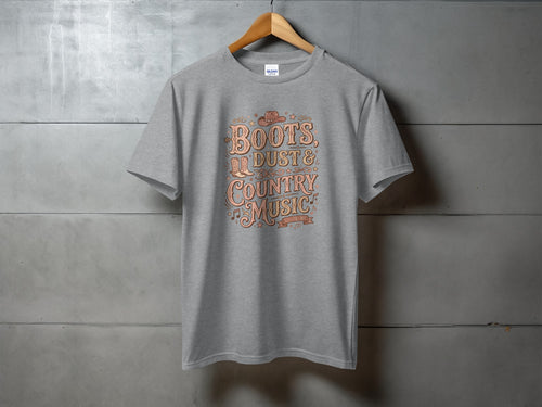 Boots, Dust & Country Music Aesthetic - country music tee, heavyweight cotton, Texas Dust & Denim western apparel
