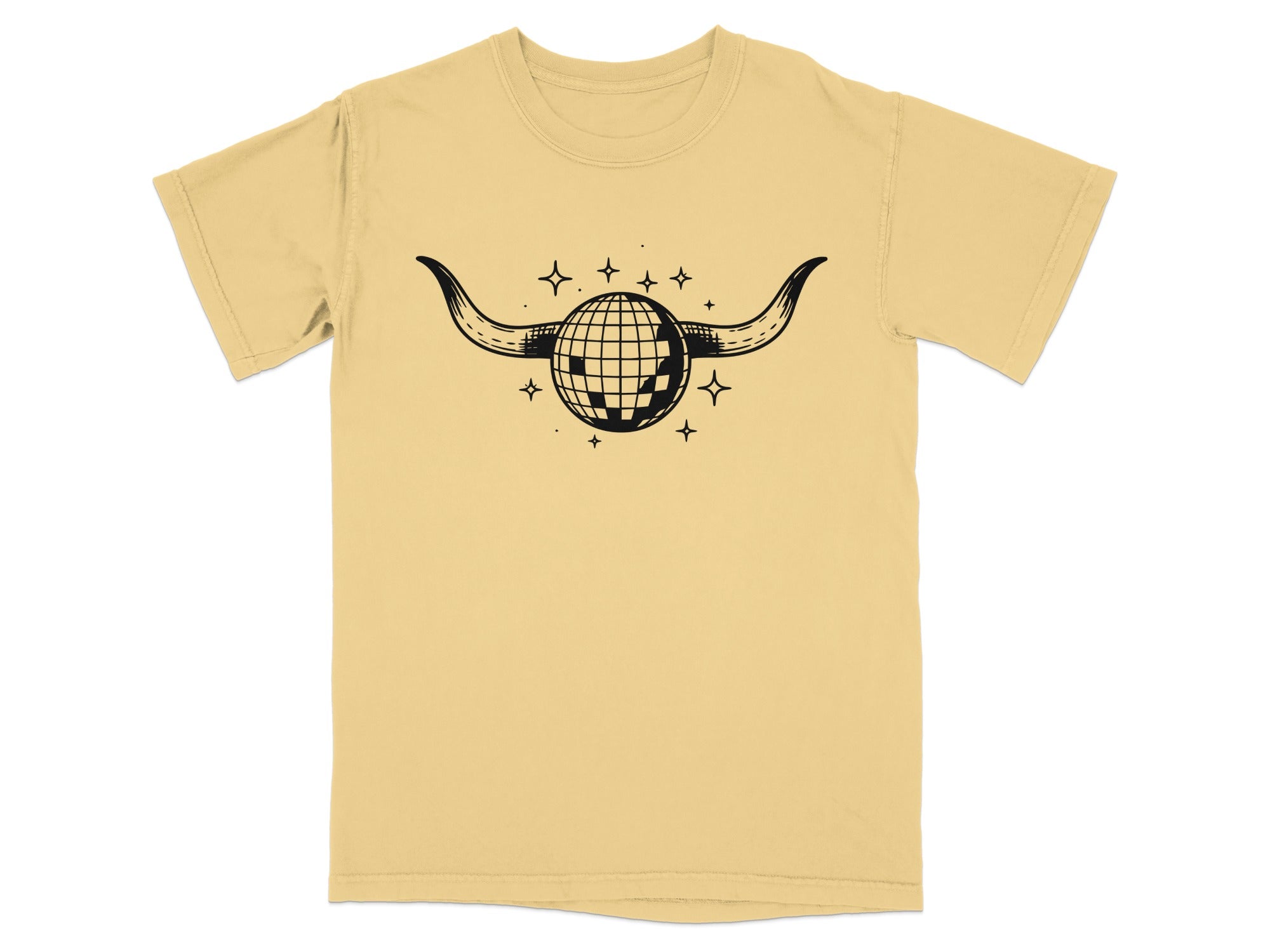 Yellow t-shirt with black graphic of disco ball with horns and stars