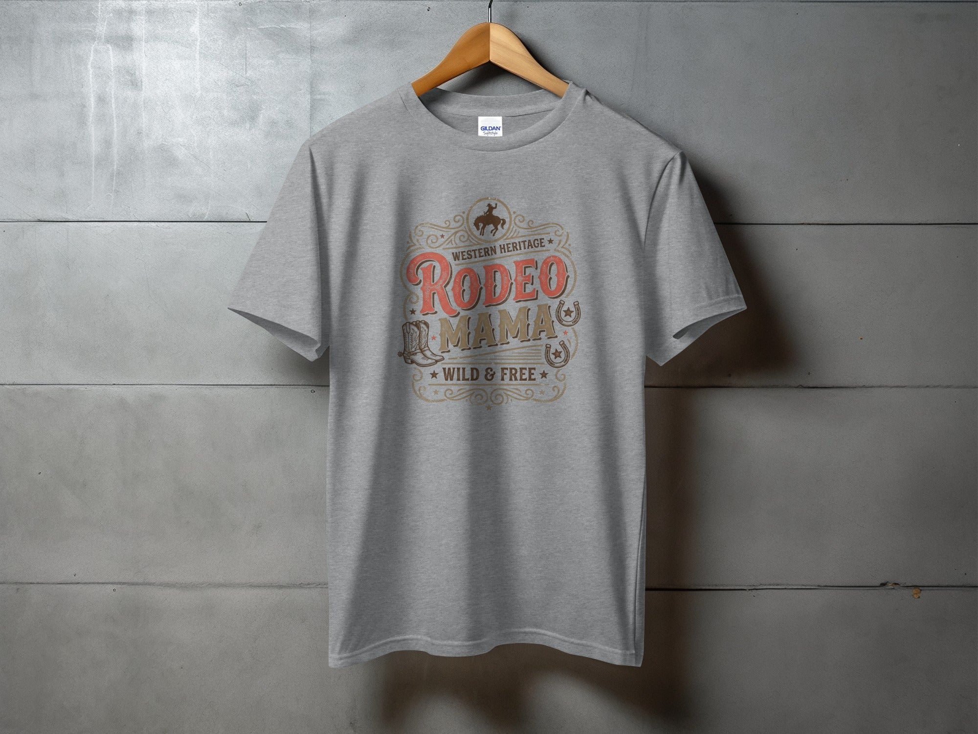 Grey t-shirt with "Rodeo Mama" and western-themed graphic.