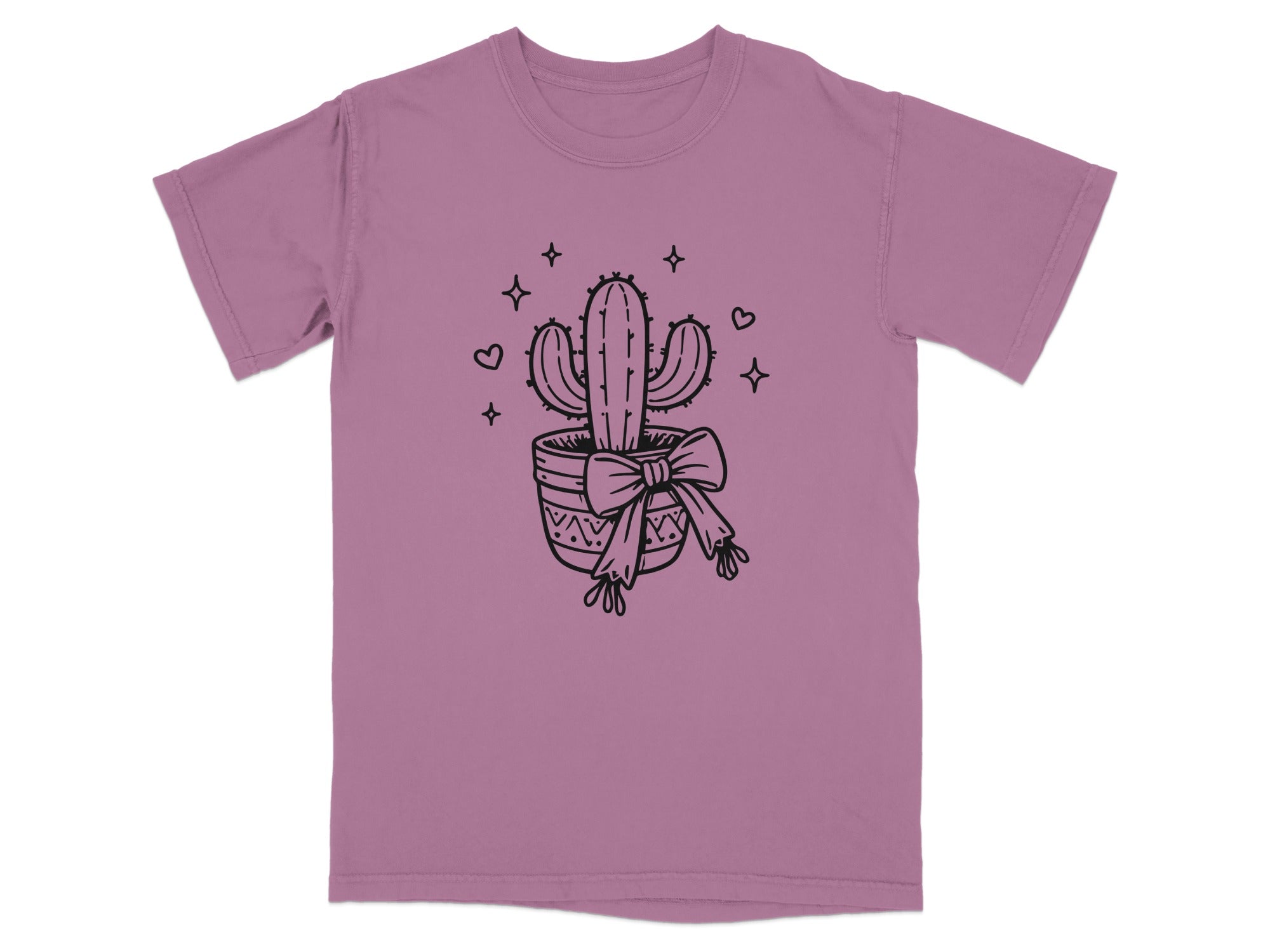 Potted cactus with bow, stars, and hearts graphic on a dusky rose t-shirt.