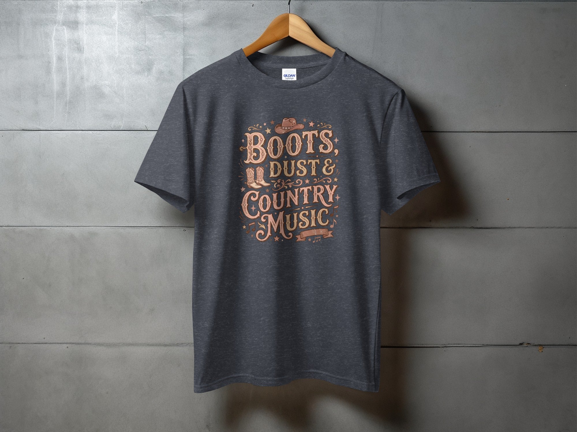 Dark gray t-shirt with "Boots, Dust & Country Music" text design.