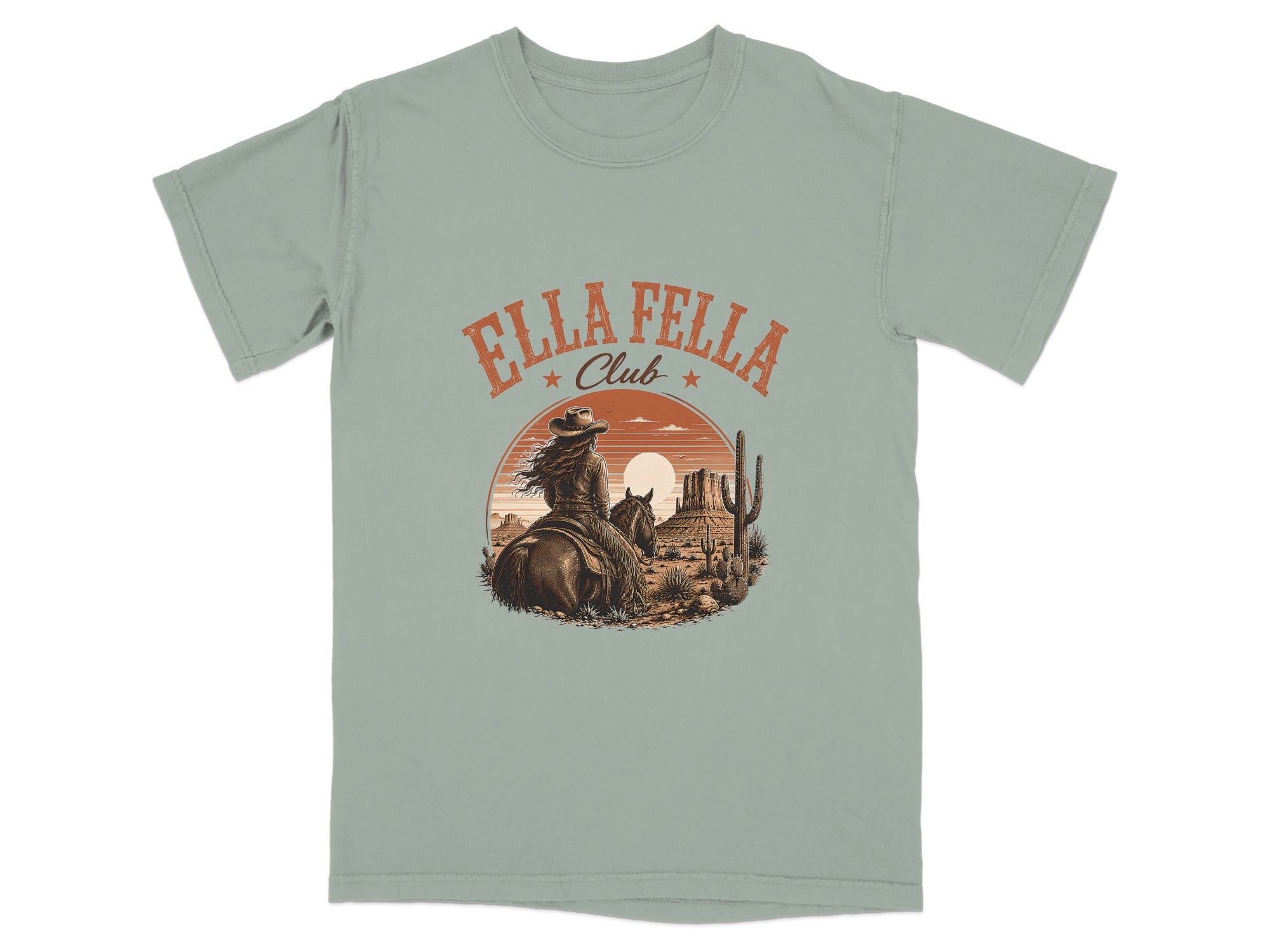T-shirt with "ELLA FELLA Club" text and western desert scene.