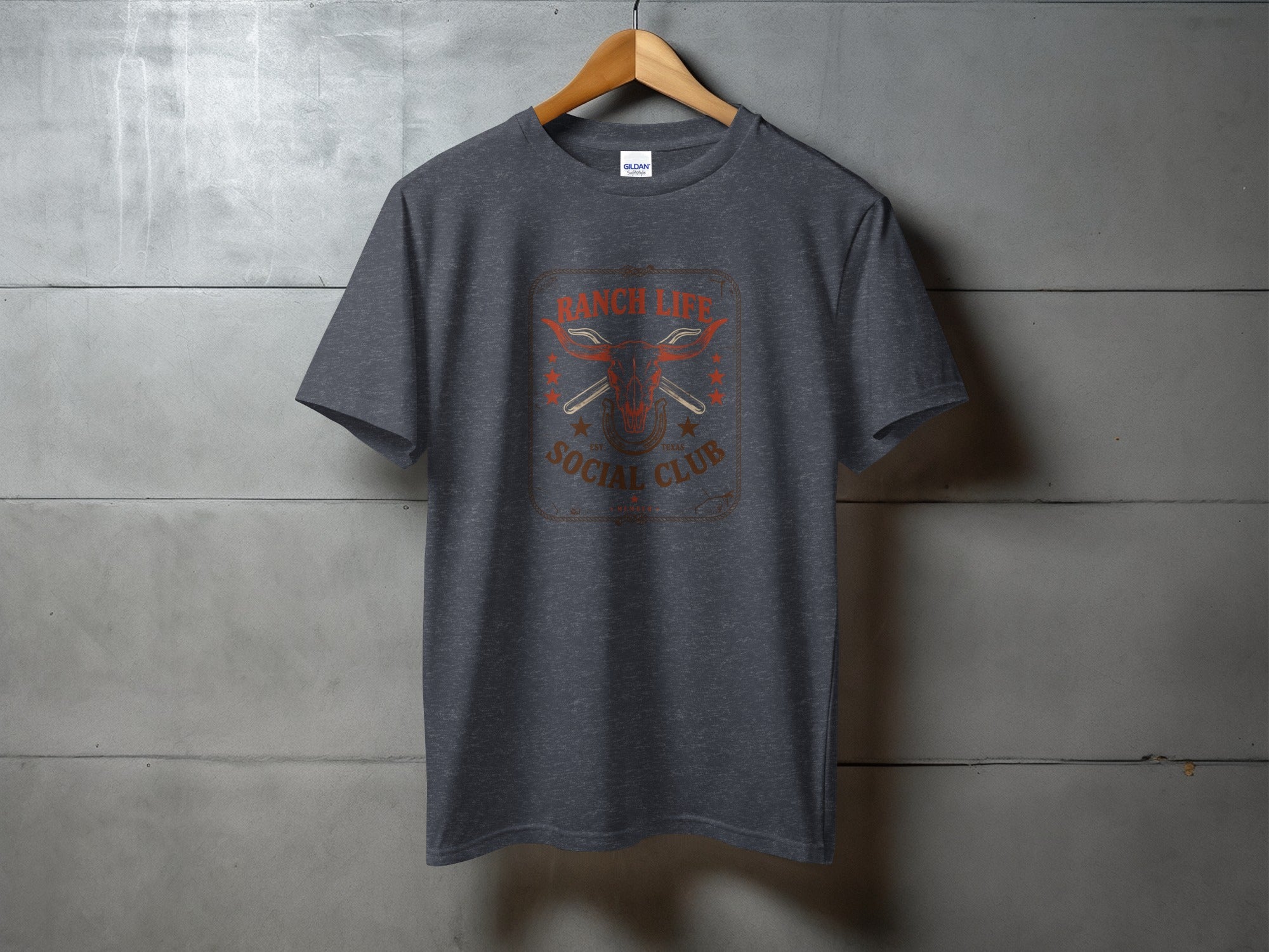 Dark grey t-shirt with "Ranch Life Social Club" text and crossed revolvers.