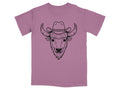 Purple t-shirt with a black line drawing of a bull wearing a cowboy hat.