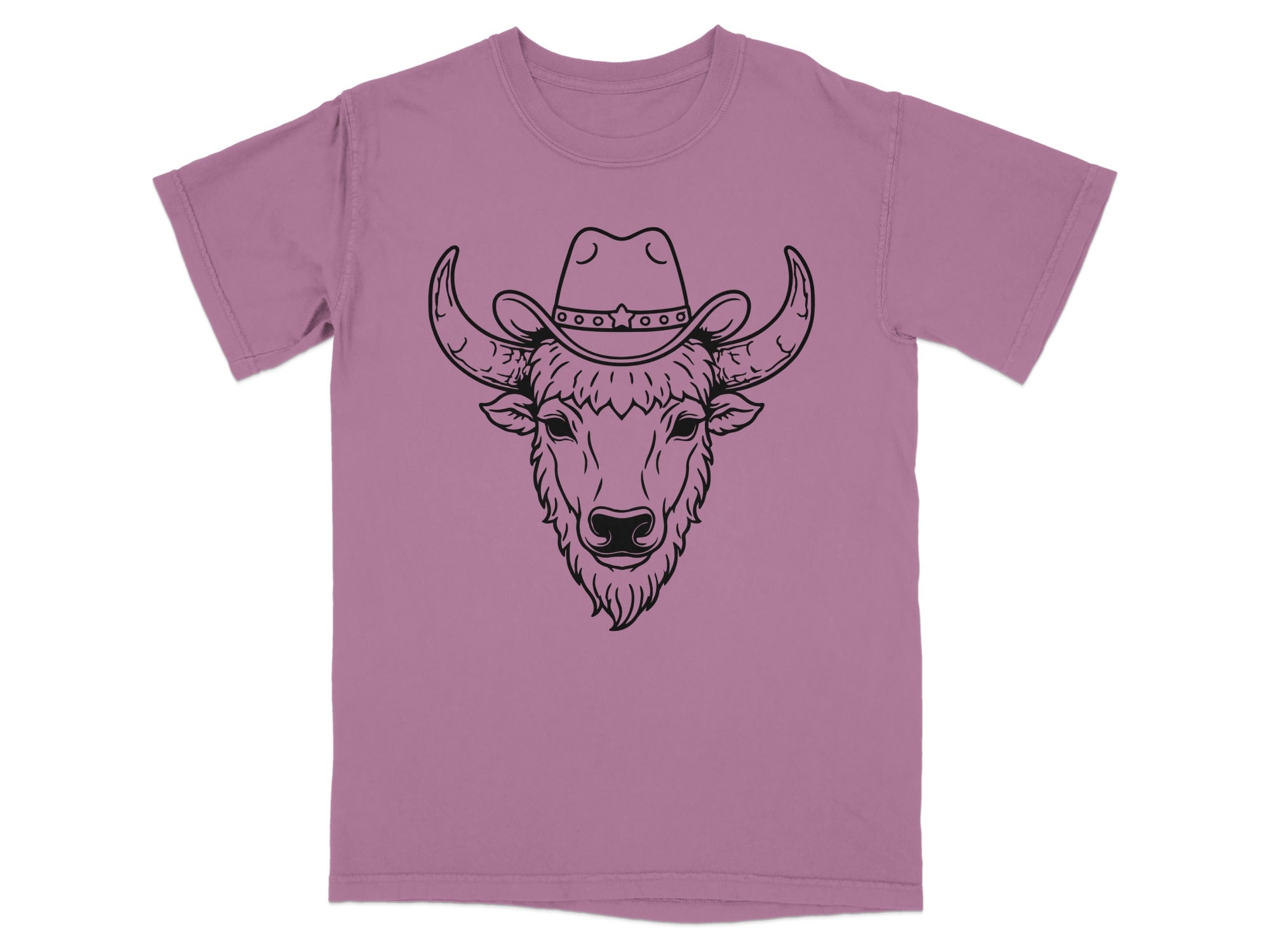 Purple t-shirt with a black line drawing of a bull wearing a cowboy hat.