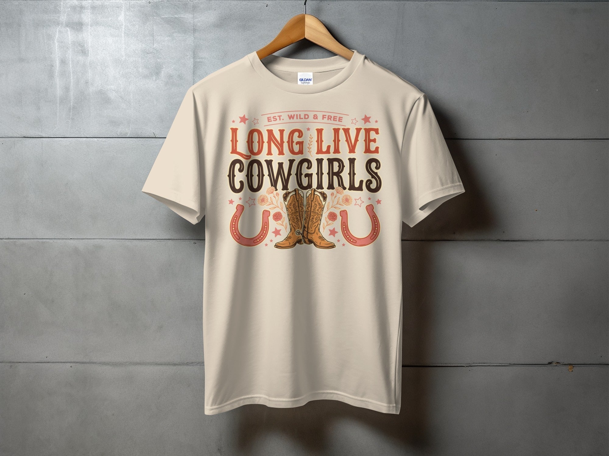 Cream t-shirt with "Long Live Cowgirls" text and cowboy boots graphic.