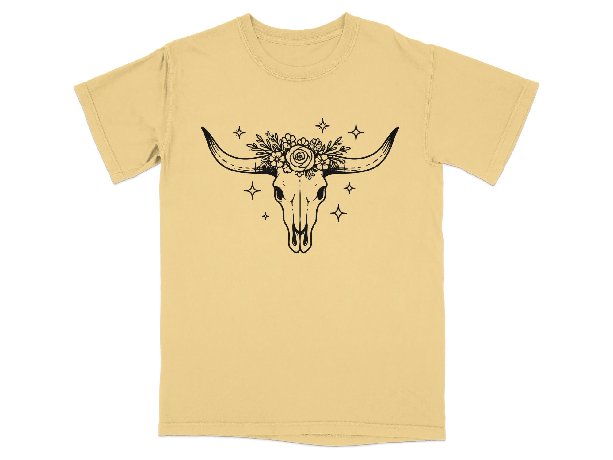 Yellow t-shirt with black line art of a bull skull adorned with flowers and stars.