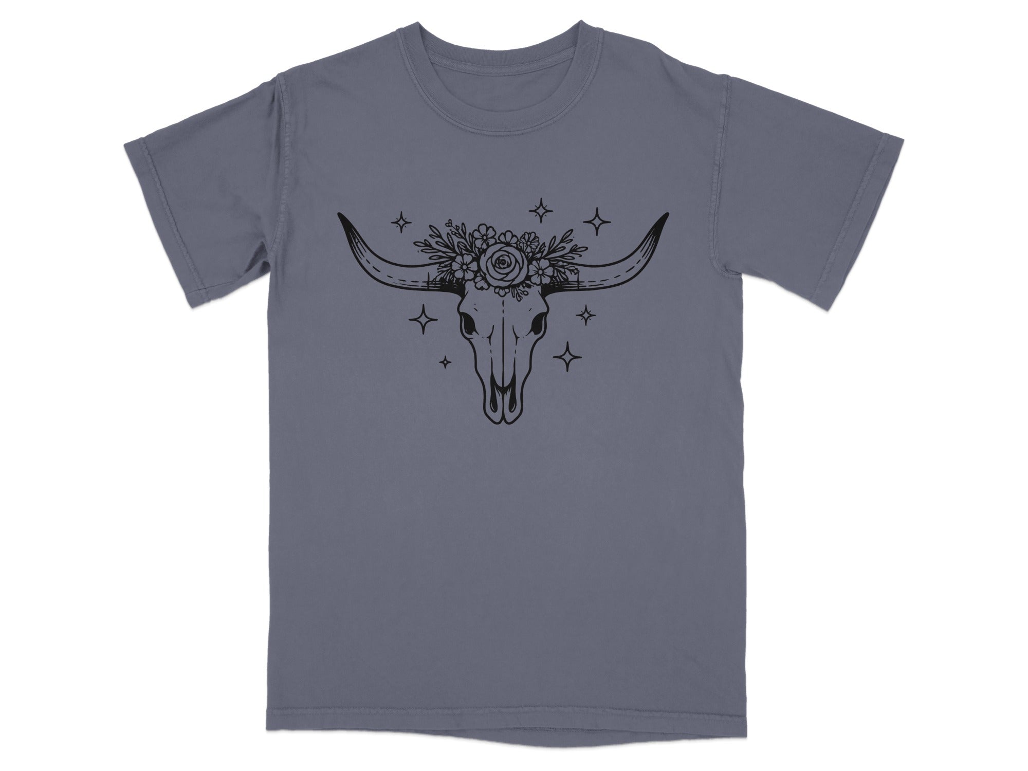 Gray t-shirt with a black outline drawing of a bull skull with flowers and stars.