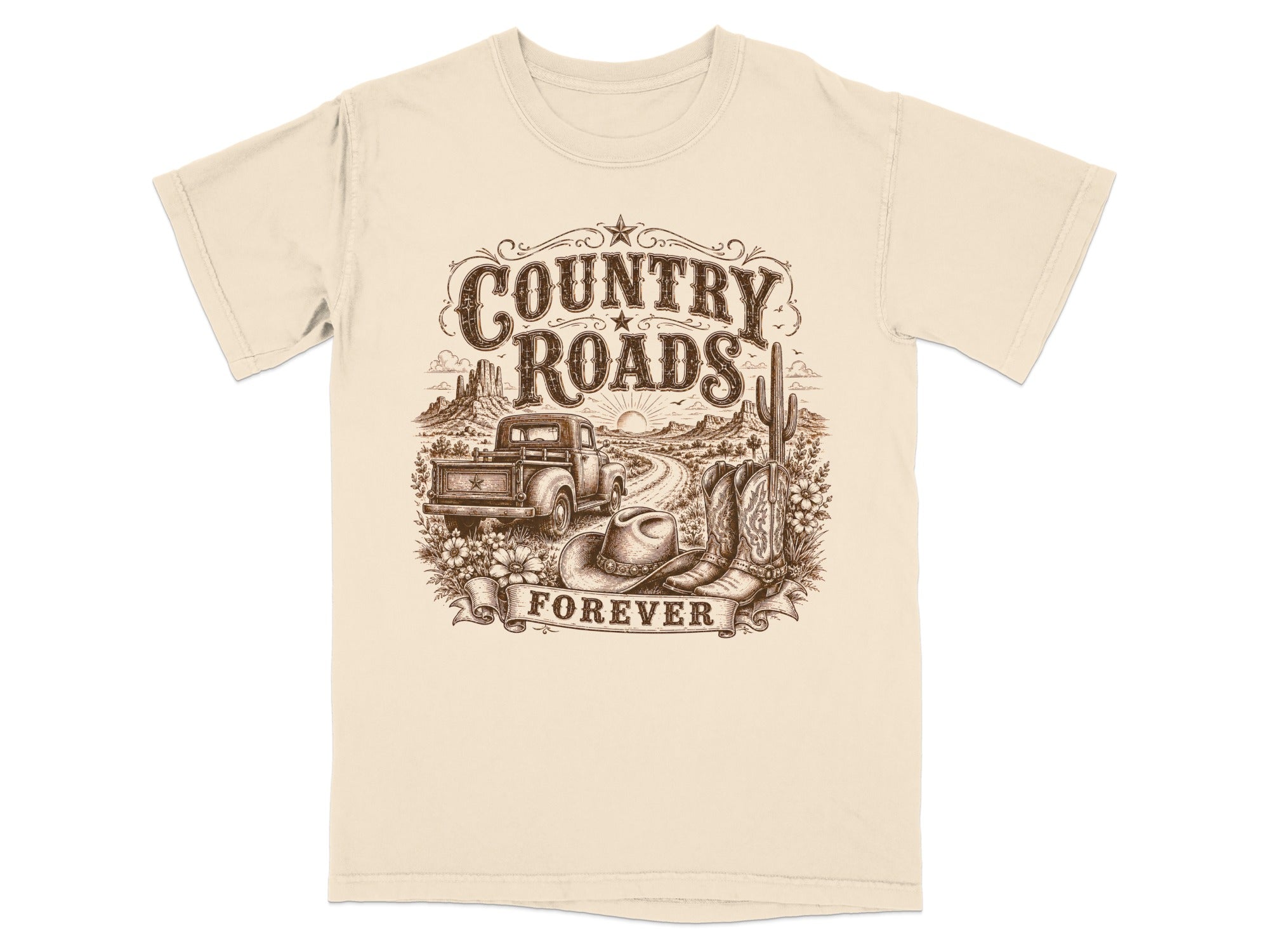 T-shirt with "Country Roads Forever" text and a desert landscape with a truck.