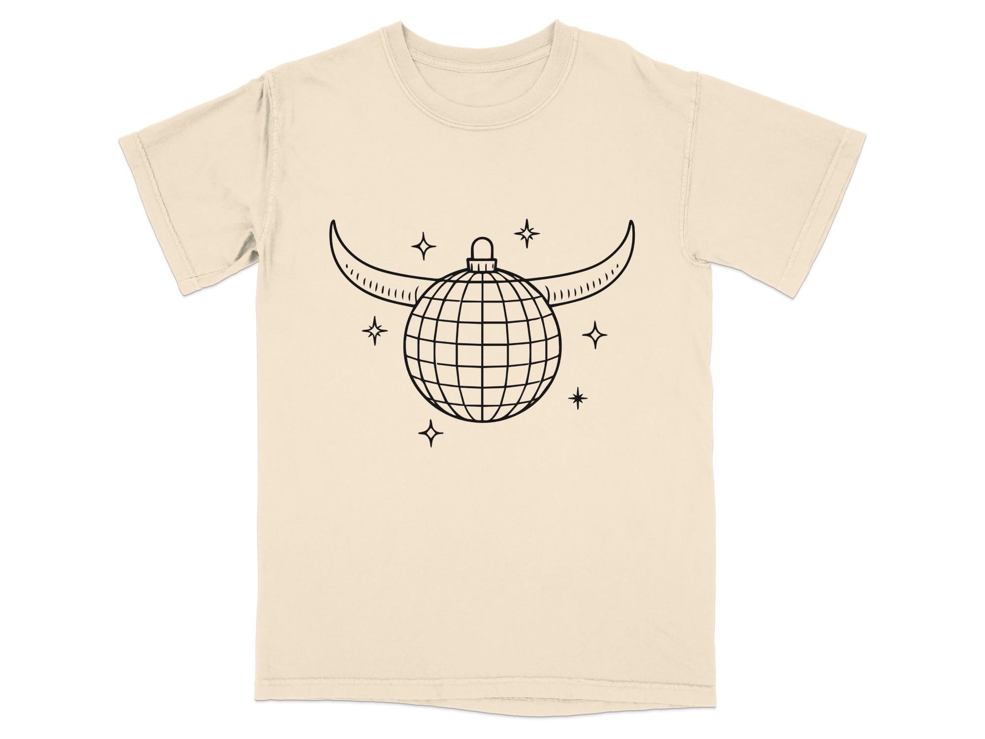 Beige t-shirt with a black line drawing of a disco ball with horns and stars.
