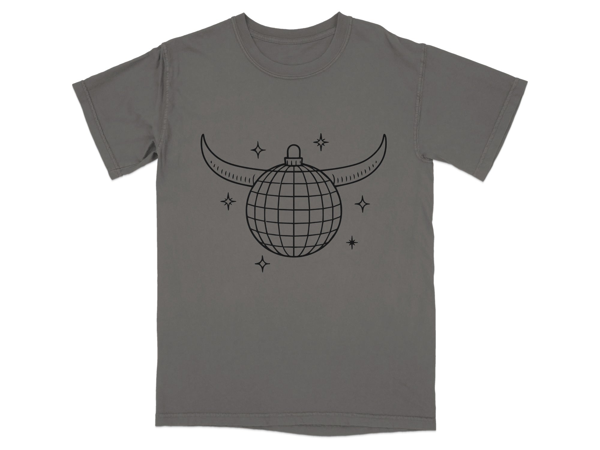 Gray t-shirt with line art disco ball with horns and stars.