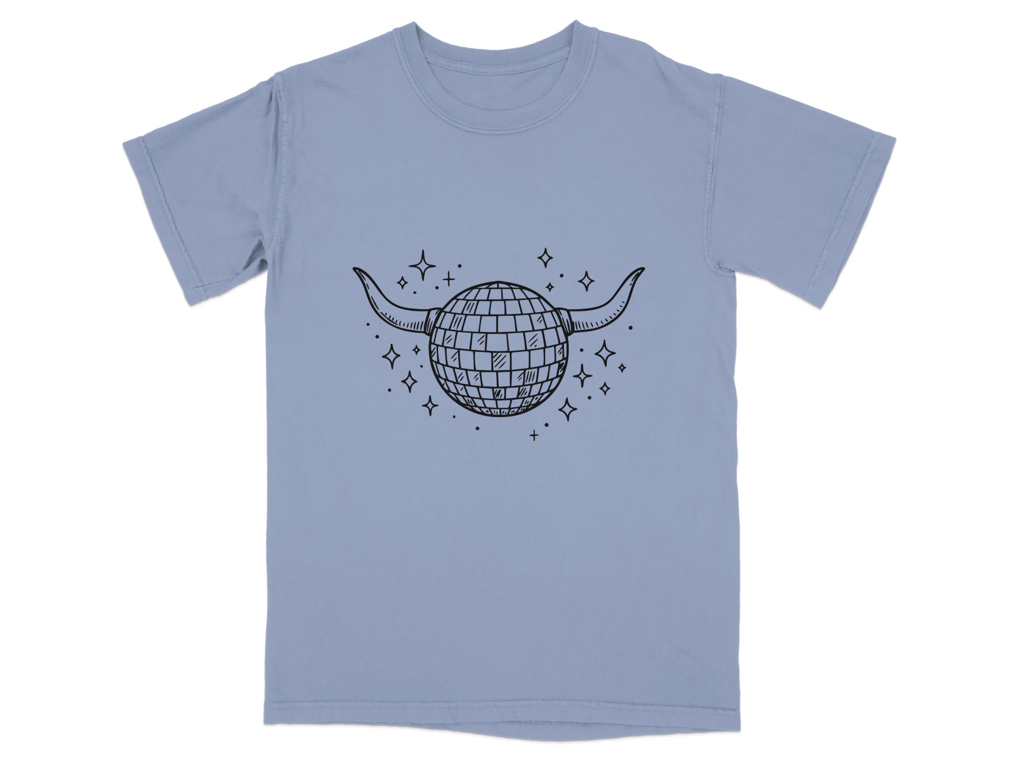 Blue t-shirt with a disco ball and bull horns graphic.