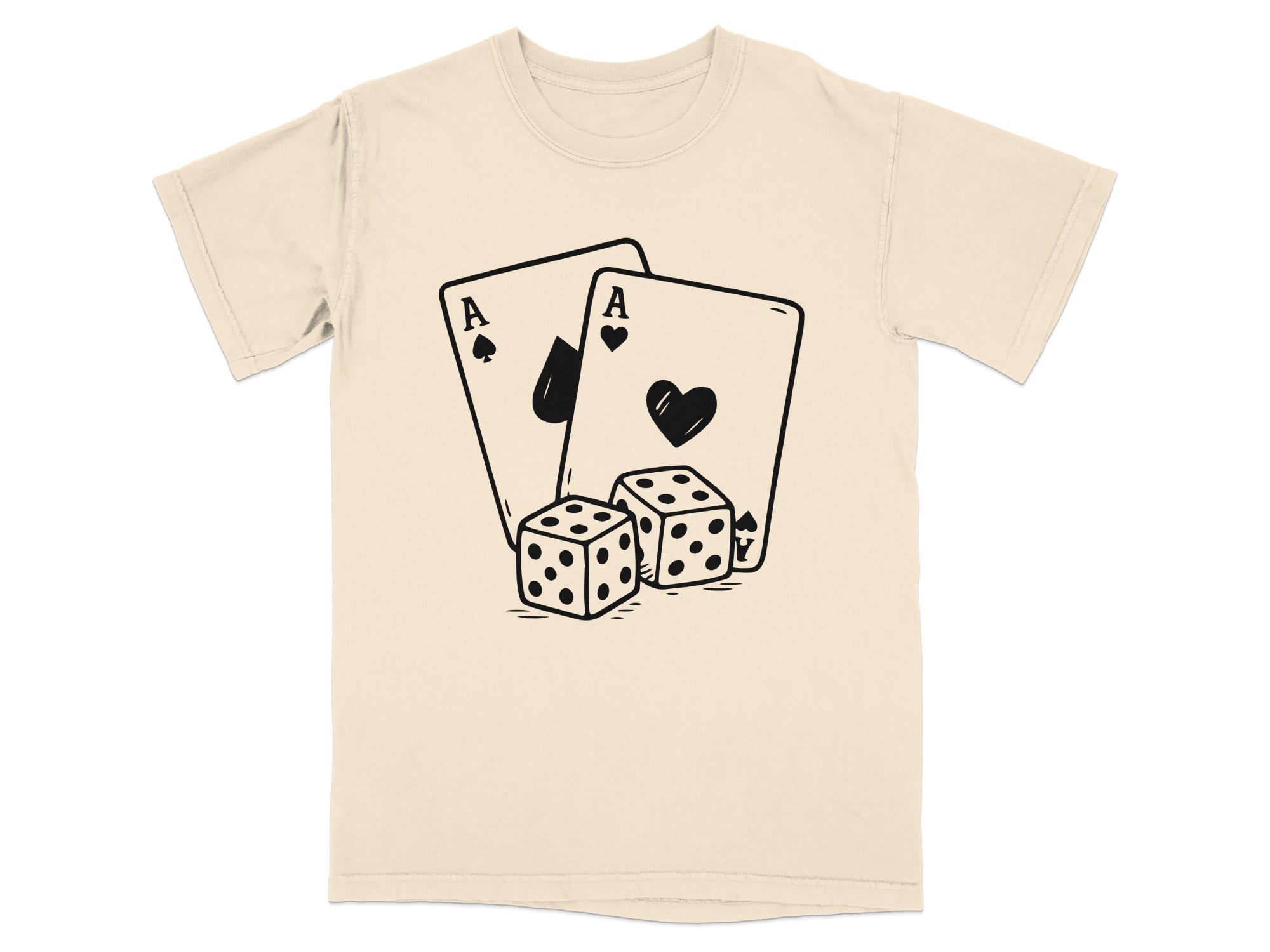 T-shirt with black line art graphic of two ace playing cards and two dice