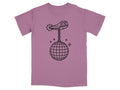 Line art illustration on a purple t-shirt of a disco ball hanging from a spur.