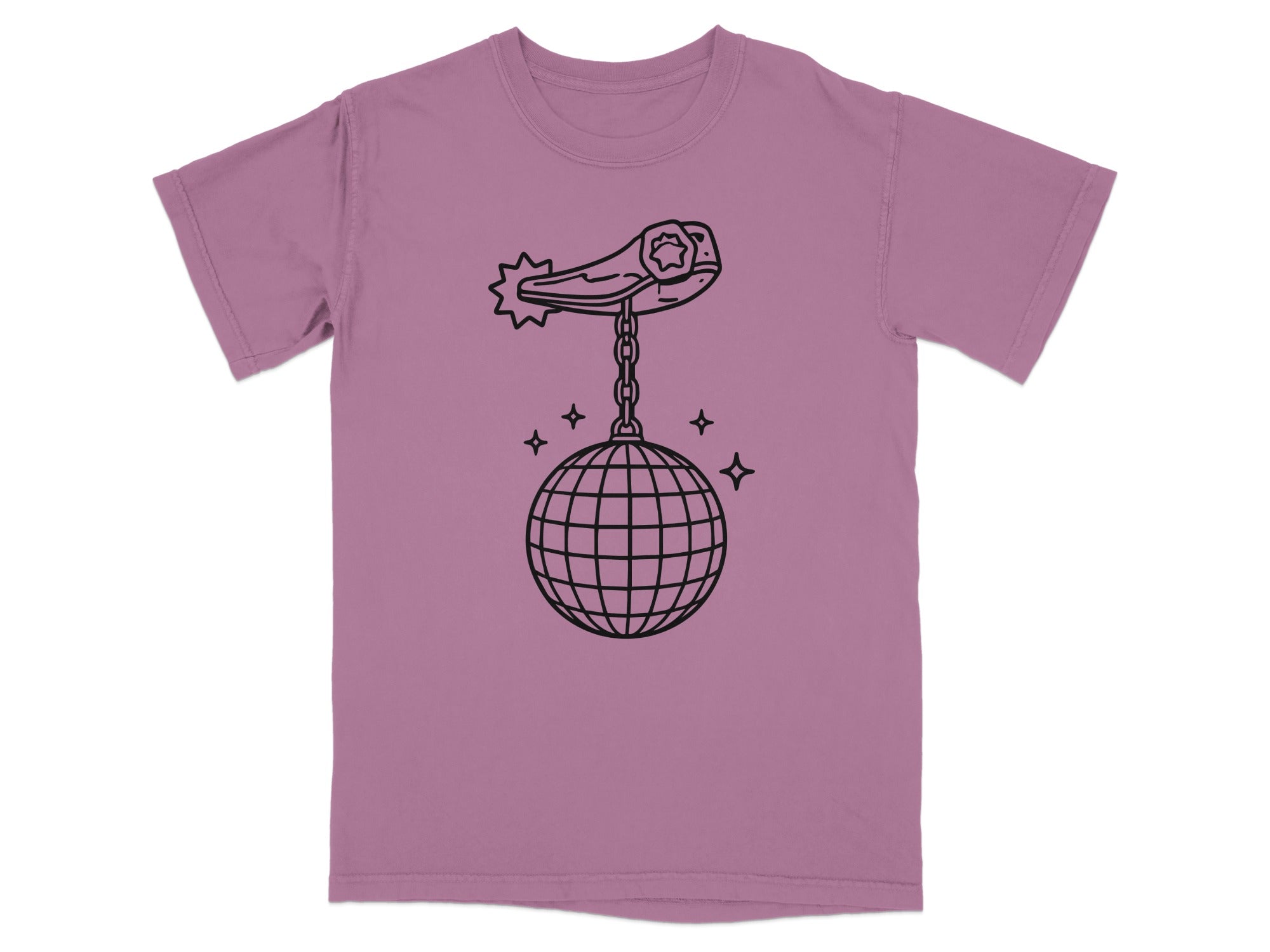 Line art illustration on a purple t-shirt of a disco ball hanging from a spur.