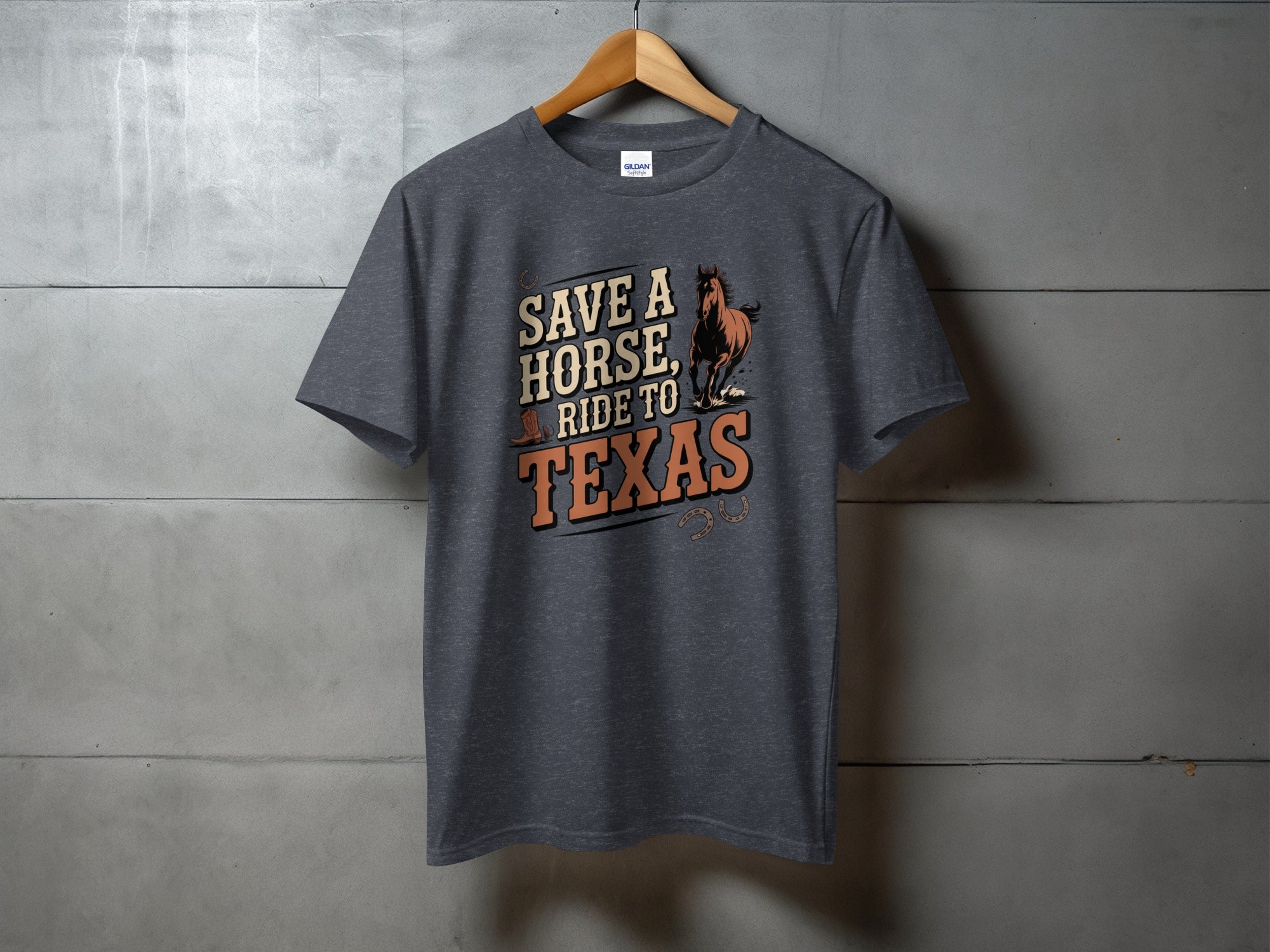 Dark grey t-shirt with "Save a horse, ride to Texas" text and a horse graphic.
