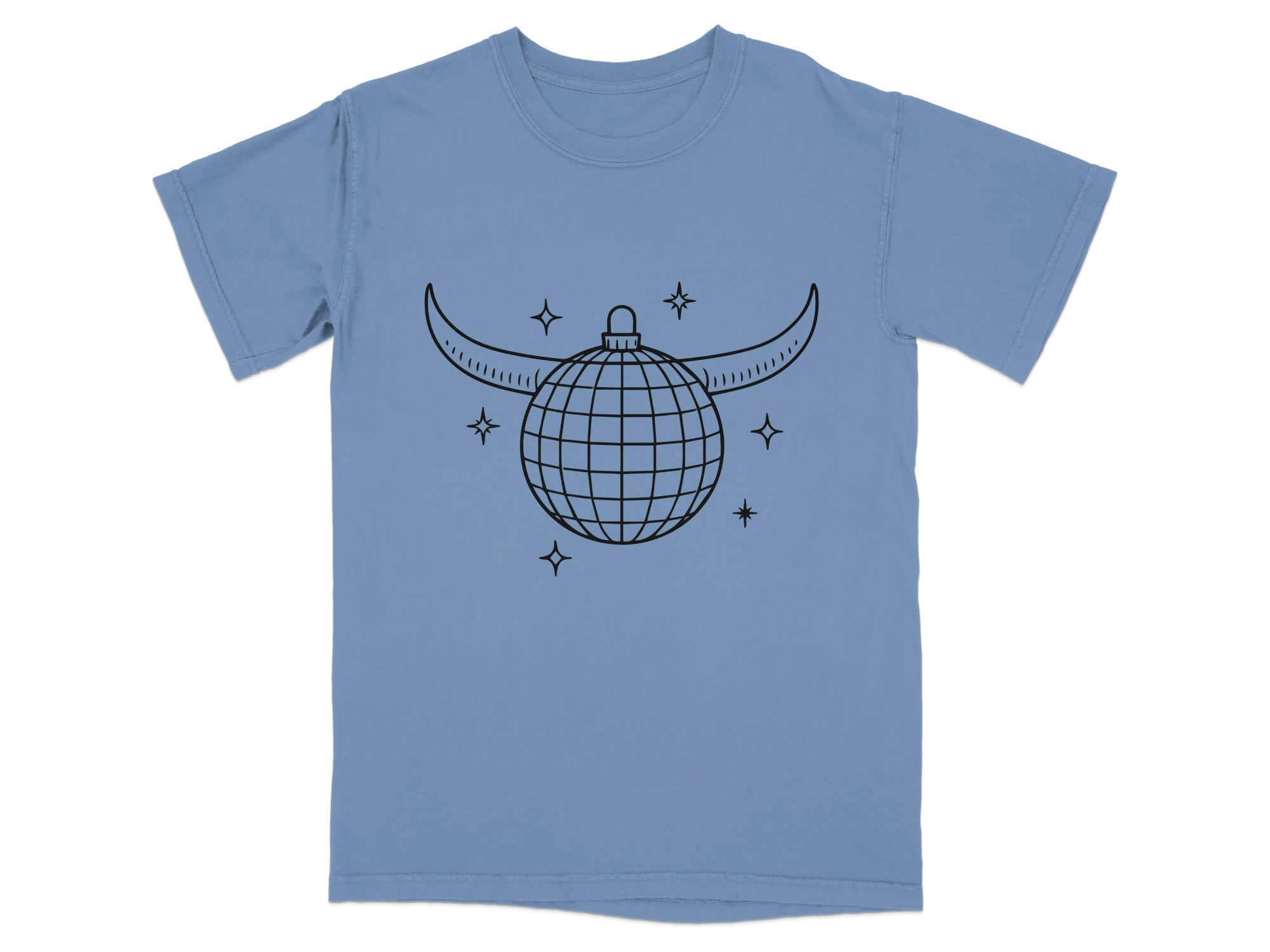 Blue t-shirt with line art of a disco ball with horns and stars.