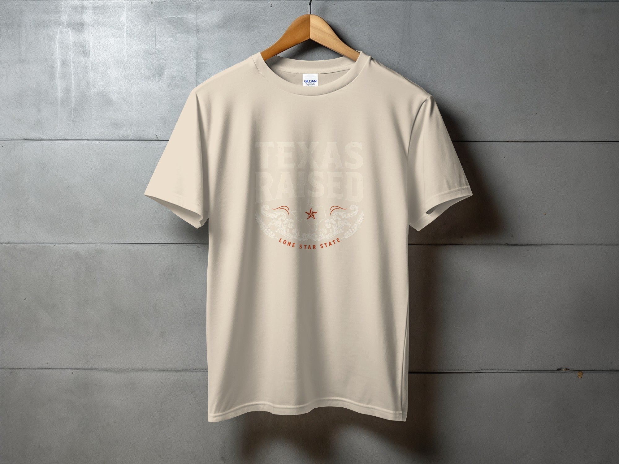 Cream t-shirt with "Texas Raised Lone Star State" text and graphic.