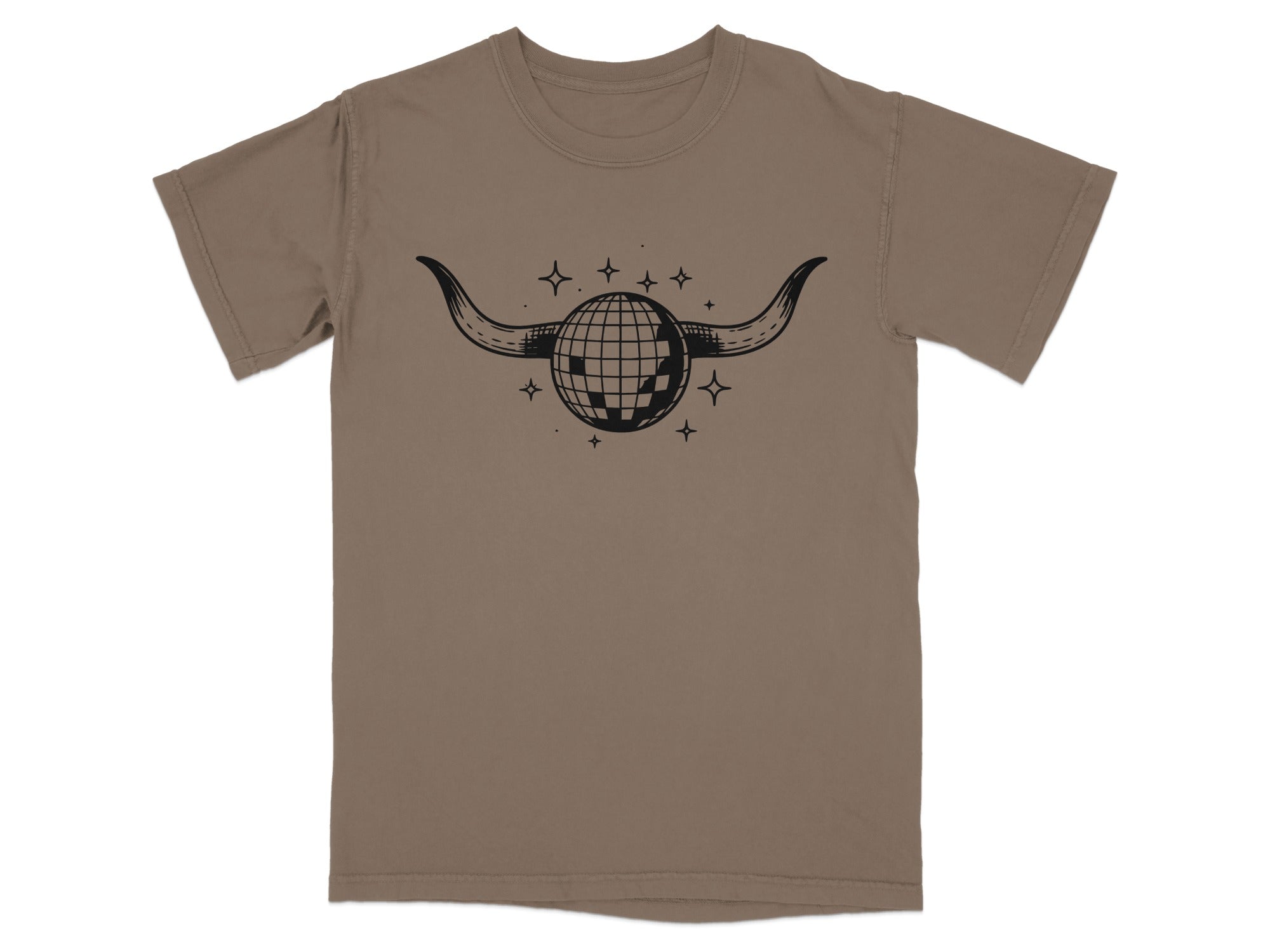 Brown t-shirt with a black graphic of a disco ball with bull horns and stars.