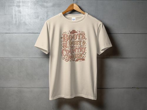 Cream t-shirt with "Boots Dust & Country Music" text and cowboy boot graphic.