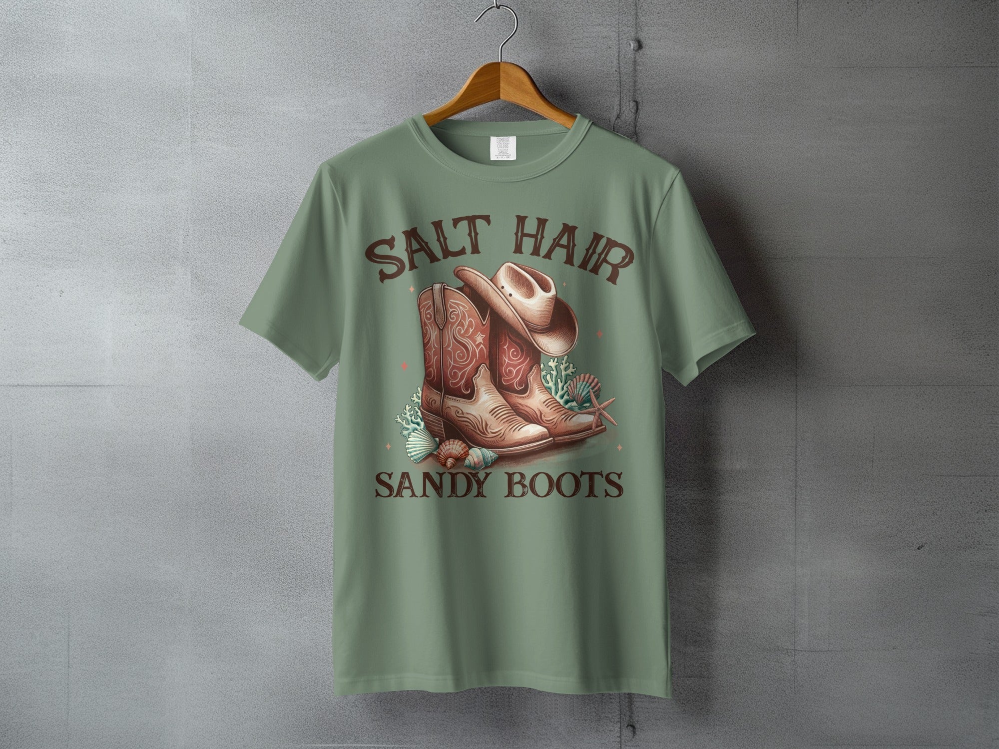 Cowboy boots and a hat with "SALT HAIR SANDY BOOTS" text.