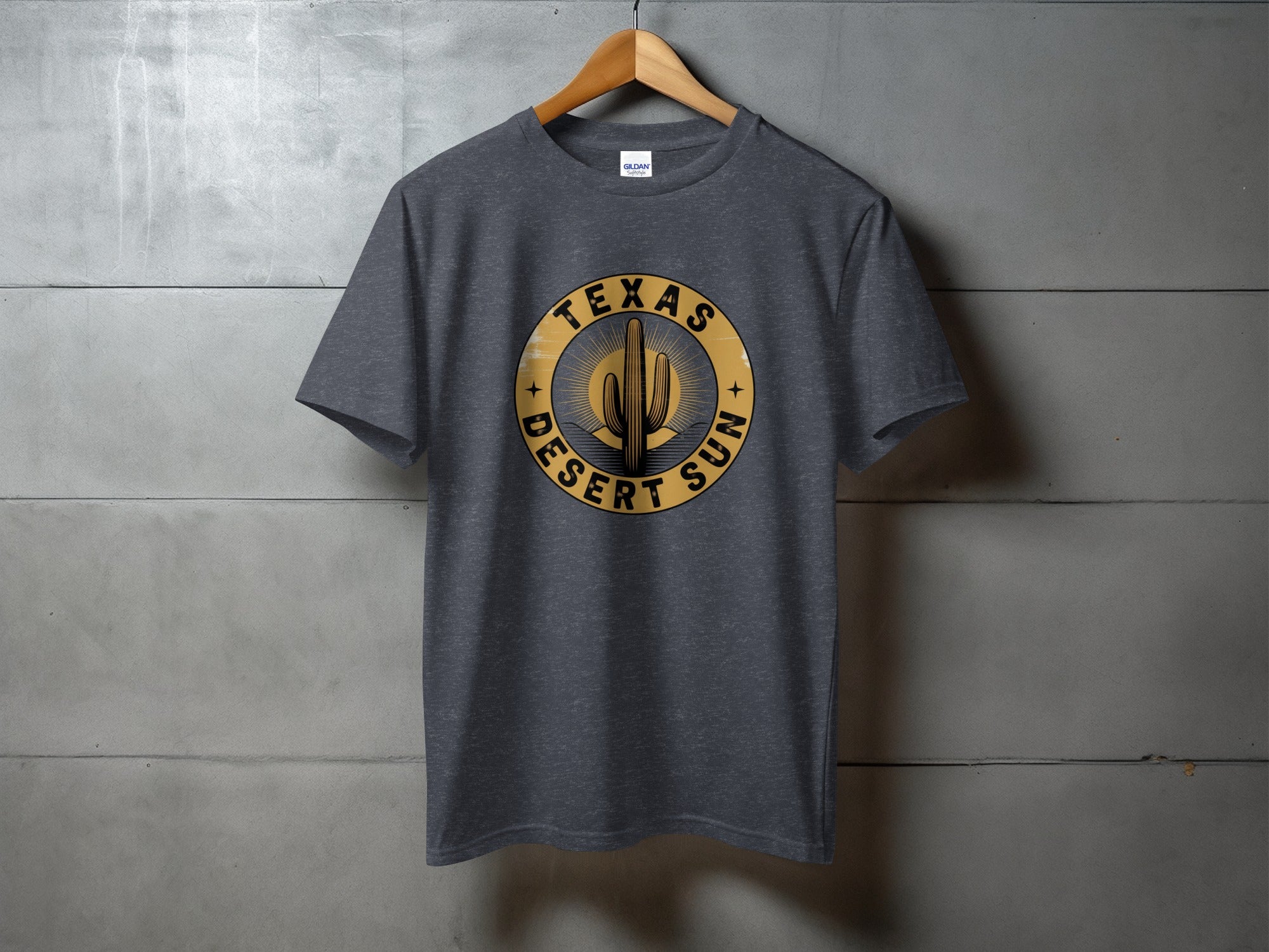 Dark gray t-shirt with "Texas Desert Sun" and cactus graphic.