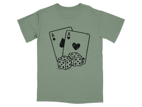 Two aces and two dice graphic on a green t-shirt.