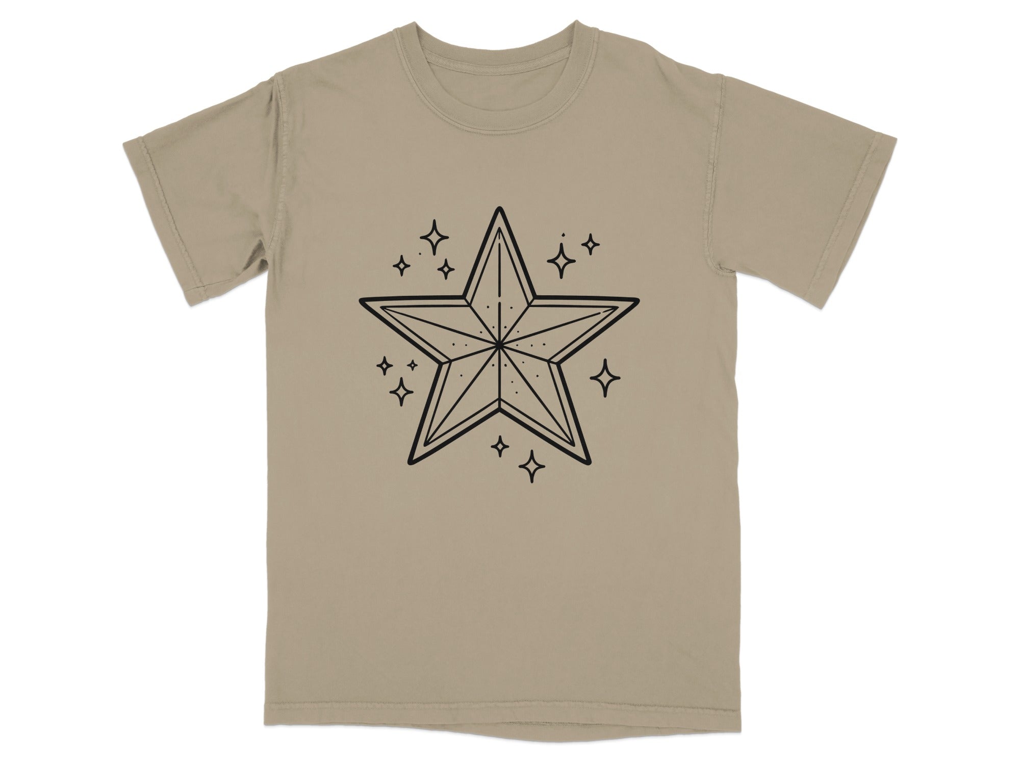 Tan t-shirt with a black outlined star graphic and smaller star accents.