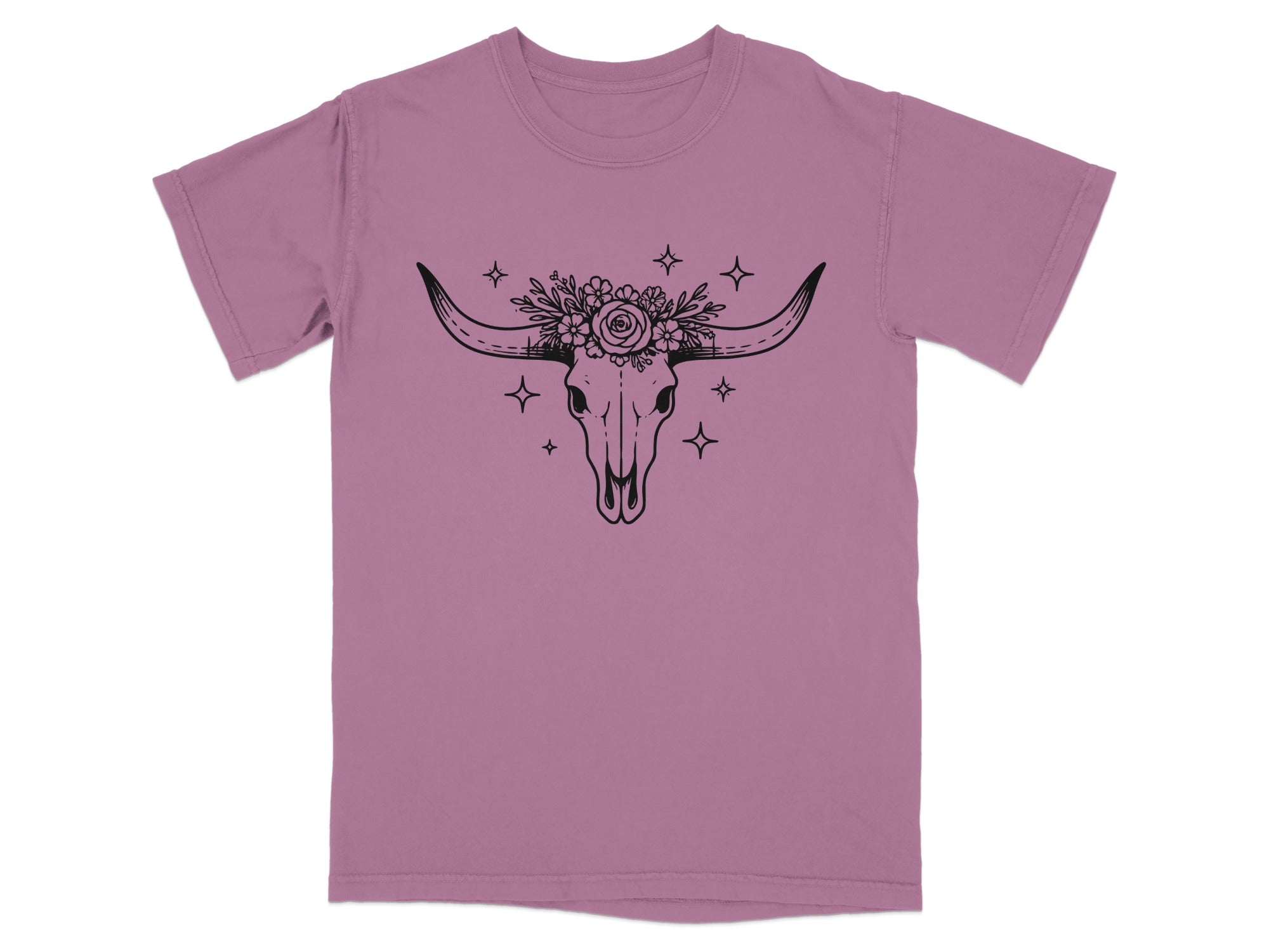 Purple t-shirt with black bull skull, floral, and star graphic.